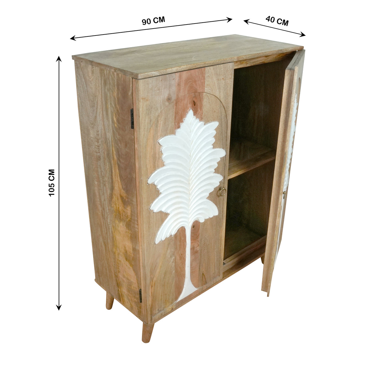 Palmyra Cabinet - Two-Door Wooden Cabinet with White Palm Carvings in Natural Finish