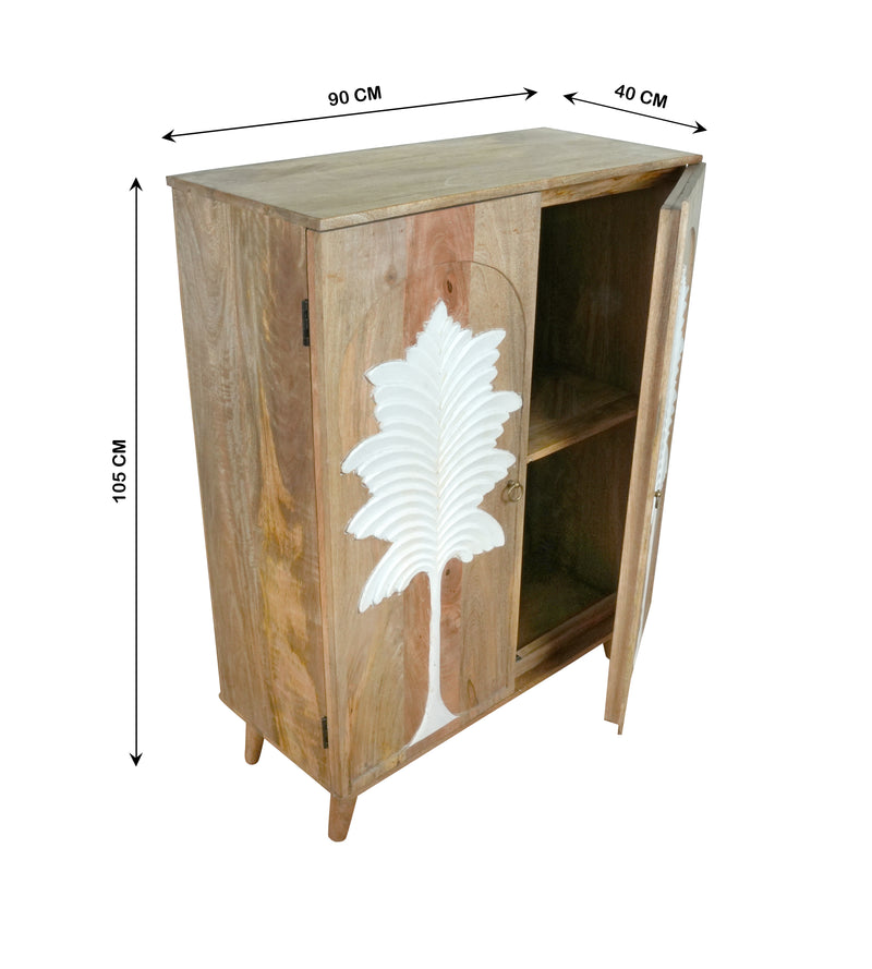 Palmyra Cabinet - Two-Door Wooden Cabinet with White Palm Carvings in Natural Finish