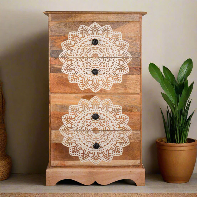 Mandala Chest - Four-Drawer Wooden Chest with Intricate Mandala Carvings