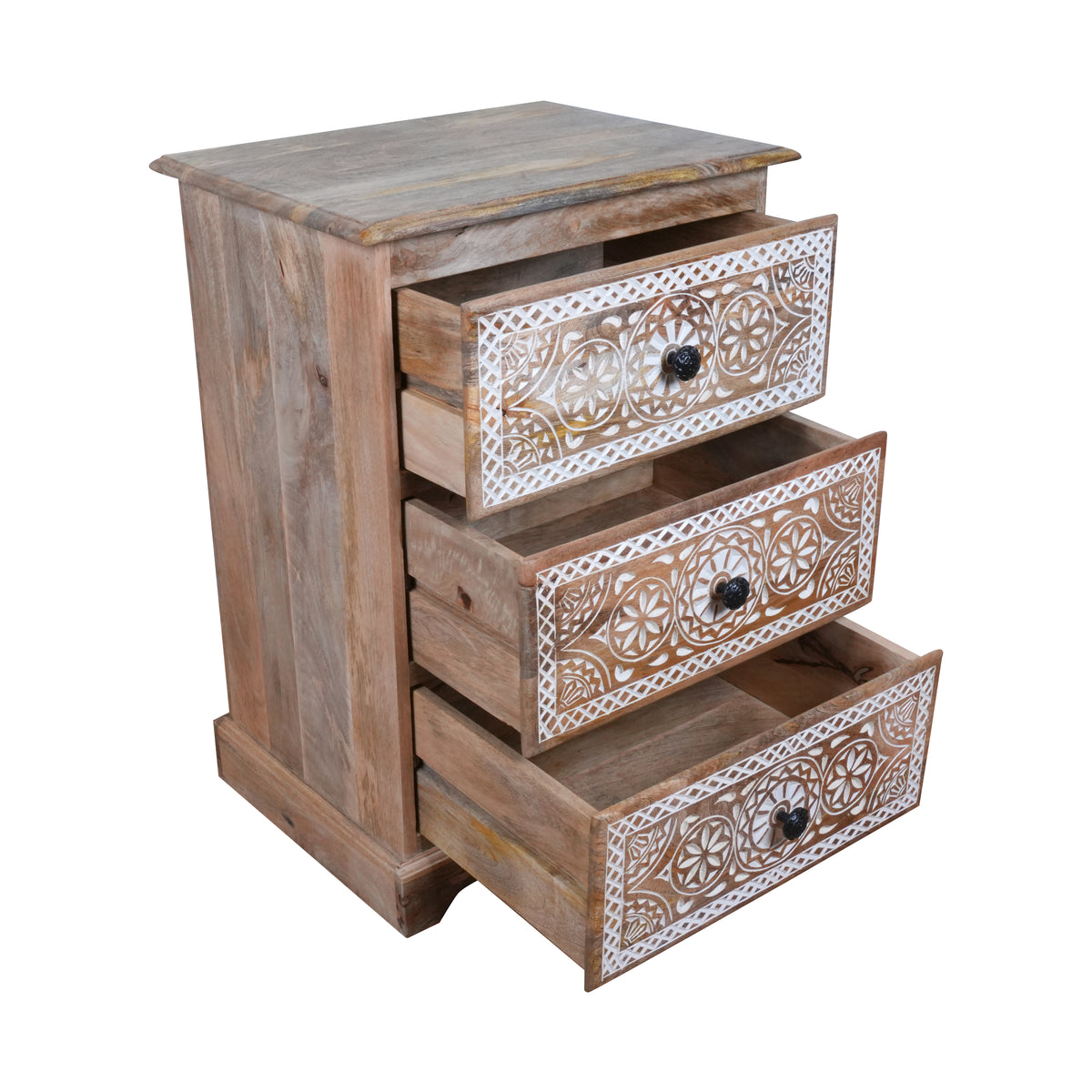Mehrana Chest - Three-Drawer Wooden Chest with Hand-Carved Floral Patterns