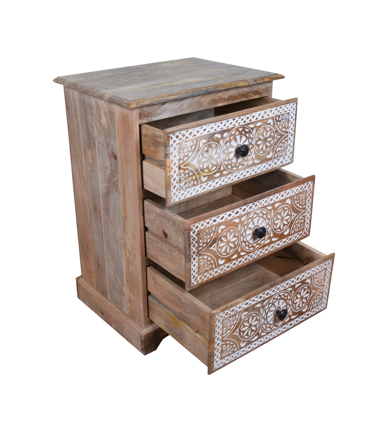 Mehrana Chest - Three-Drawer Wooden Chest with Hand-Carved Floral Patterns
