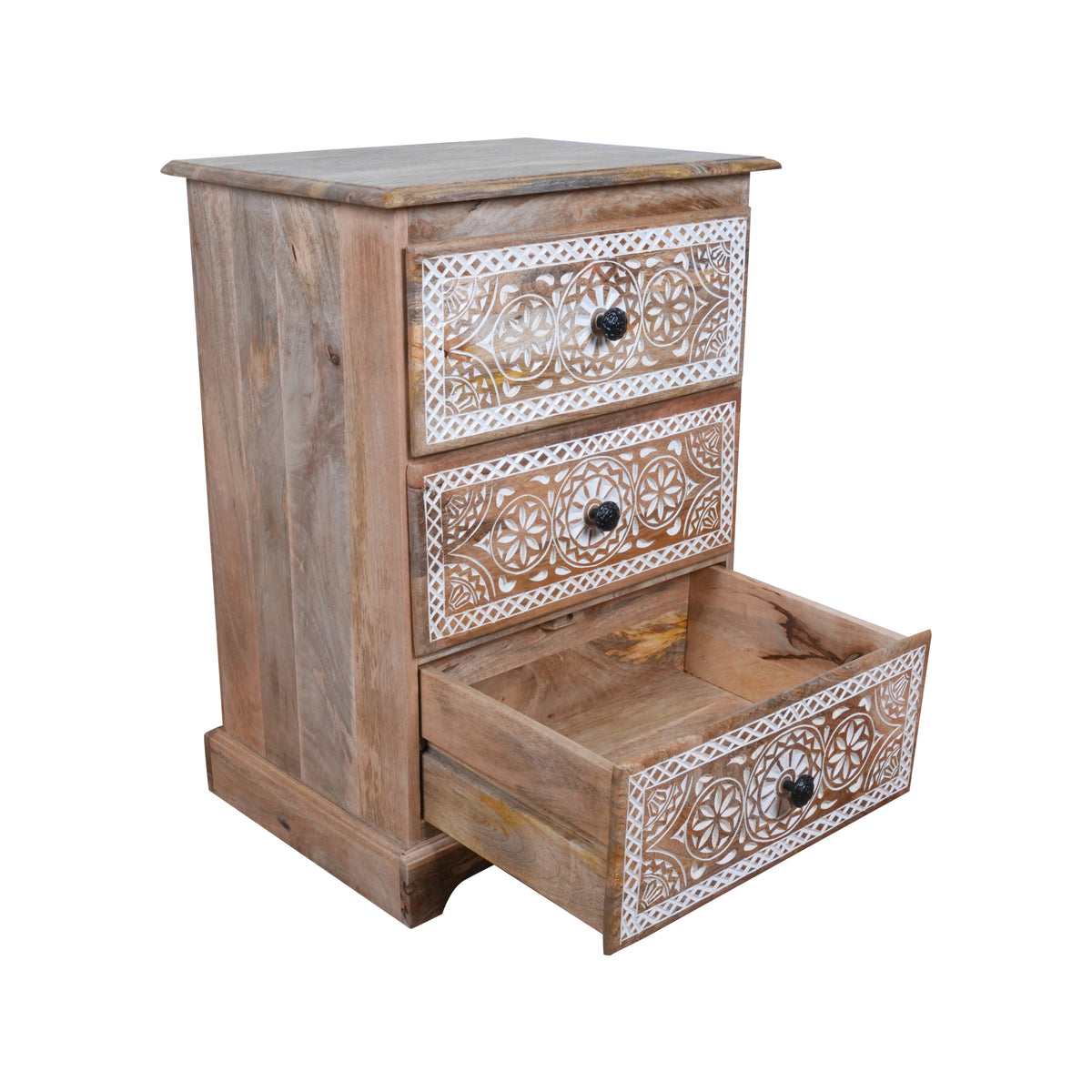Mehrana Chest - Three-Drawer Wooden Chest with Hand-Carved Floral Patterns