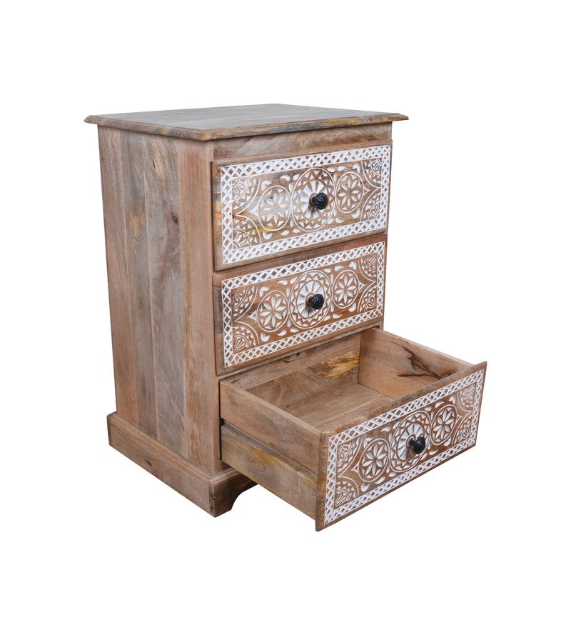 Mehrana Chest - Three-Drawer Wooden Chest with Hand-Carved Floral Patterns