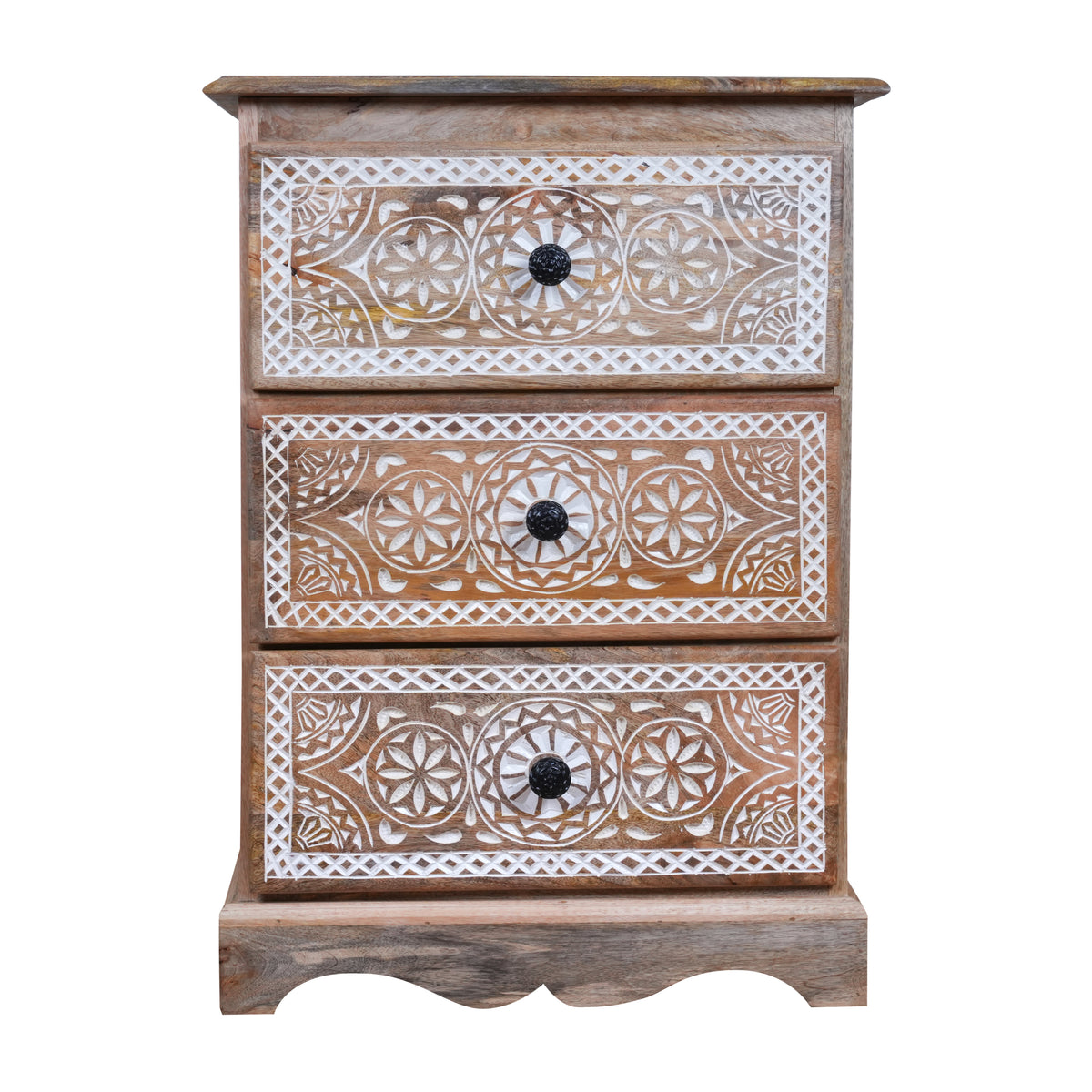 Mehrana Chest - Three-Drawer Wooden Chest with Hand-Carved Floral Patterns