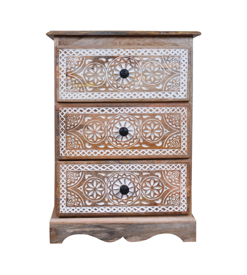 Mehrana Chest - Three-Drawer Wooden Chest with Hand-Carved Floral Patterns