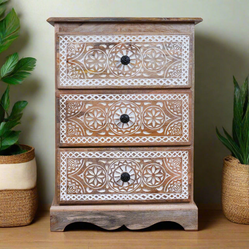 Mehrana Chest - Three-Drawer Wooden Chest with Hand-Carved Floral Patterns
