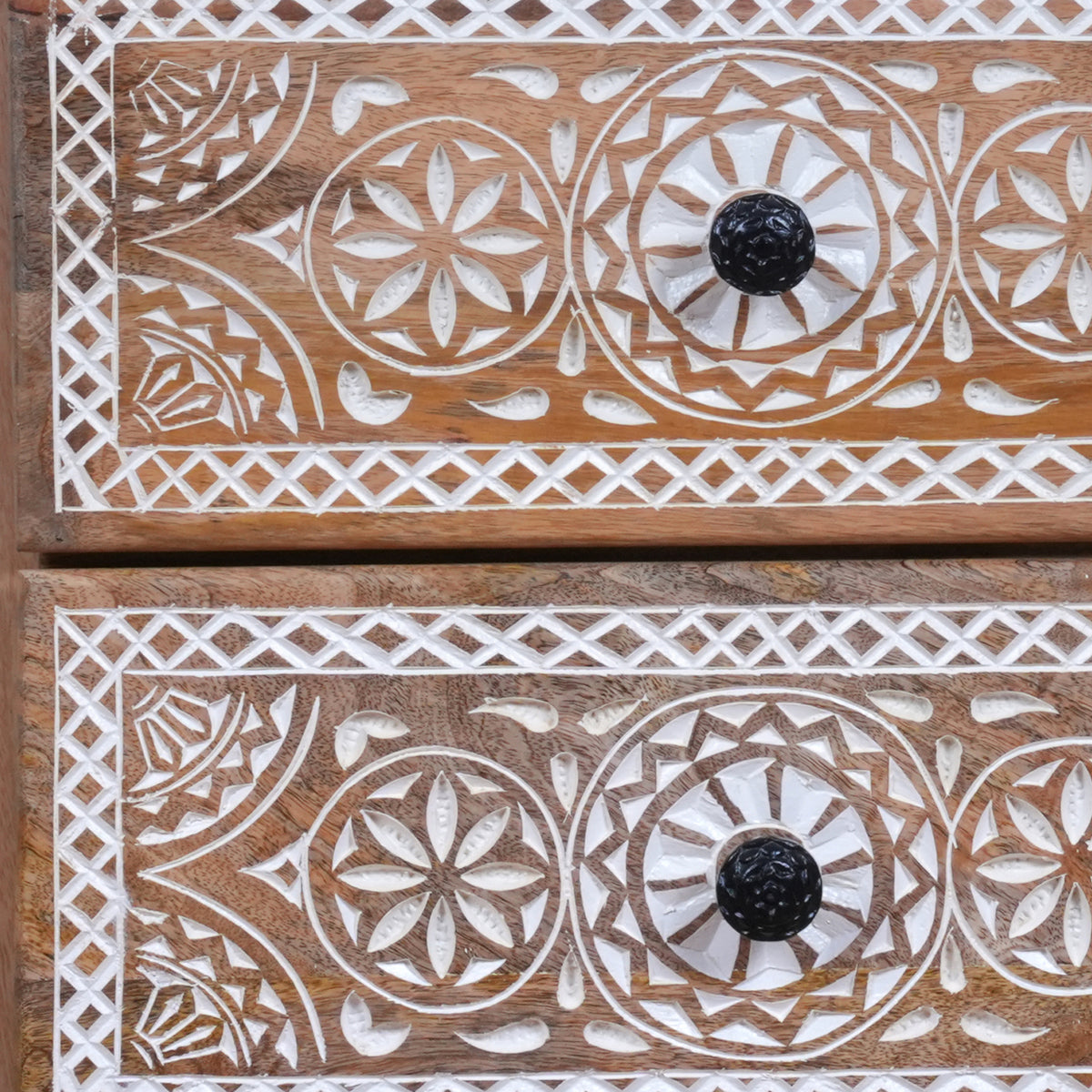 Mehrana Chest - Three-Drawer Wooden Chest with Hand-Carved Floral Patterns