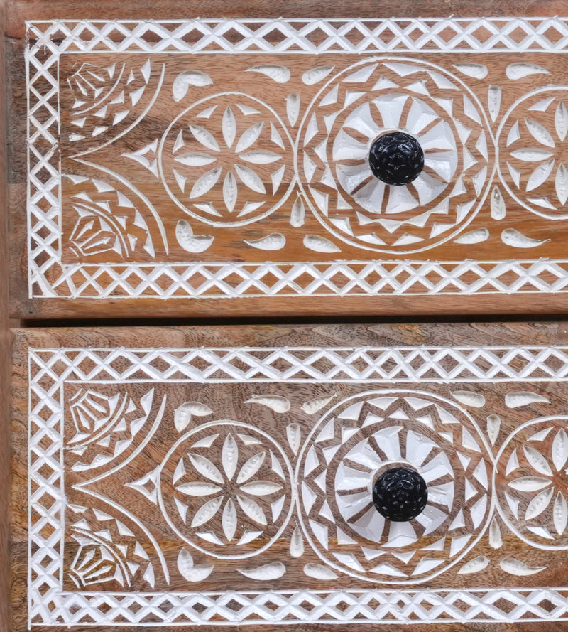 Mehrana Chest - Three-Drawer Wooden Chest with Hand-Carved Floral Patterns
