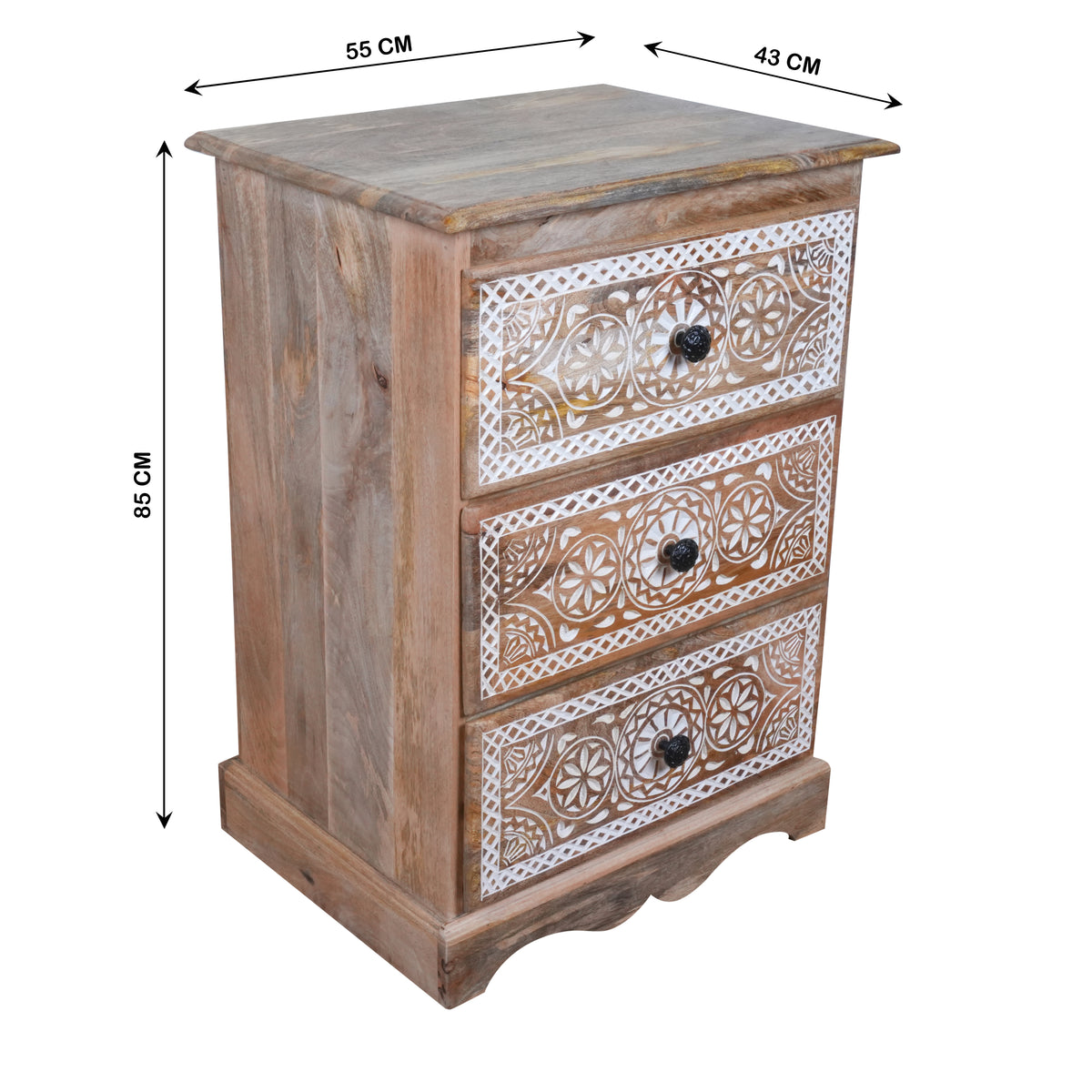 Mehrana Chest - Three-Drawer Wooden Chest with Hand-Carved Floral Patterns