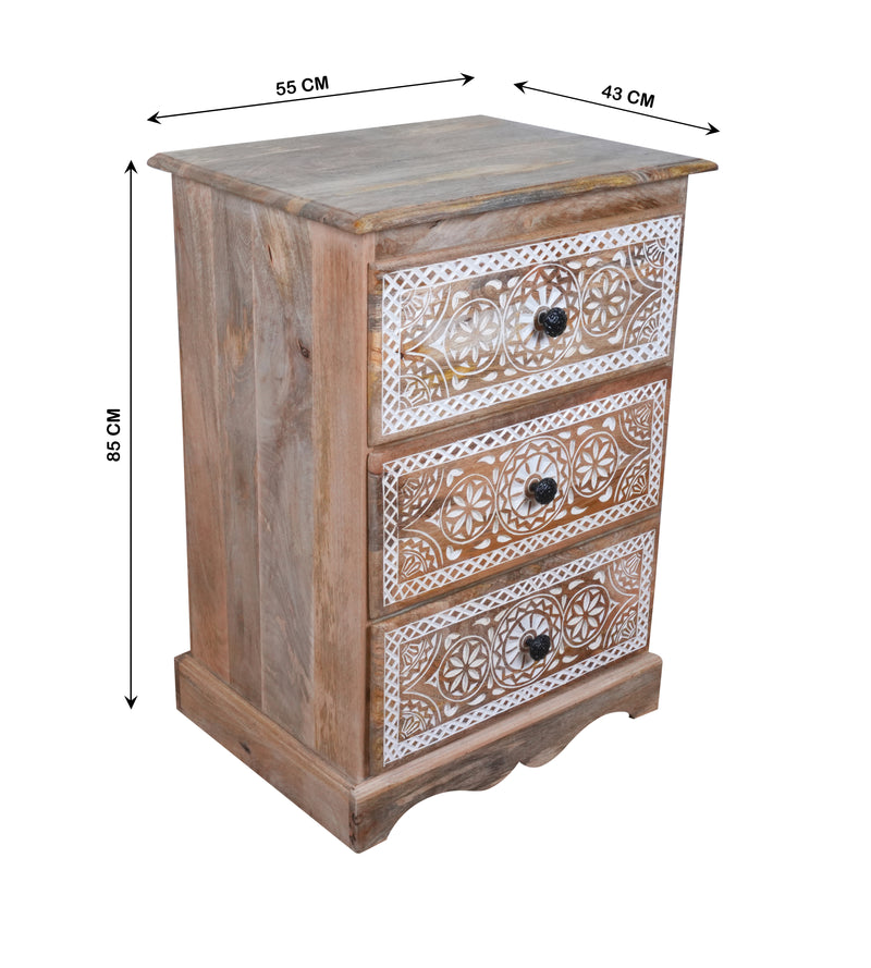 Mehrana Chest - Three-Drawer Wooden Chest with Hand-Carved Floral Patterns