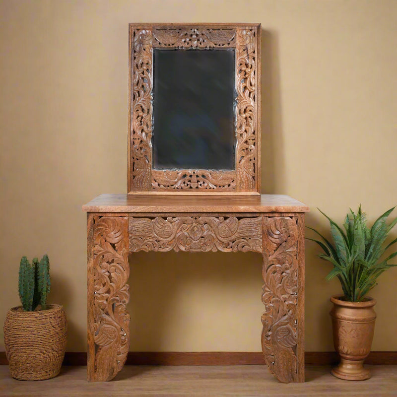 Rajgadh Console Set - Handcarved Wooden Console Table with Ornate Mirror Frame