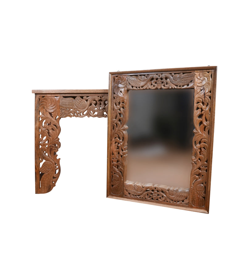 Rajgadh Console Set - Handcarved Wooden Console Table with Ornate Mirror Frame
