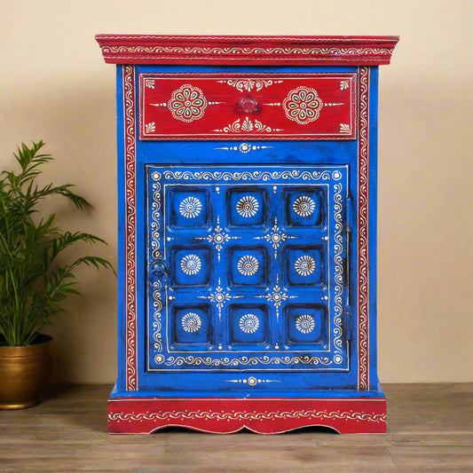 The Marwari Nightstand - Vibrant Hand-Painted Wooden Bedside Cabinet with Drawer