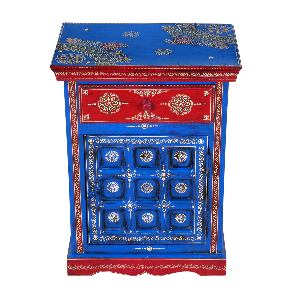 The Marwari Nightstand - Vibrant Hand-Painted Wooden Bedside Cabinet with Drawer