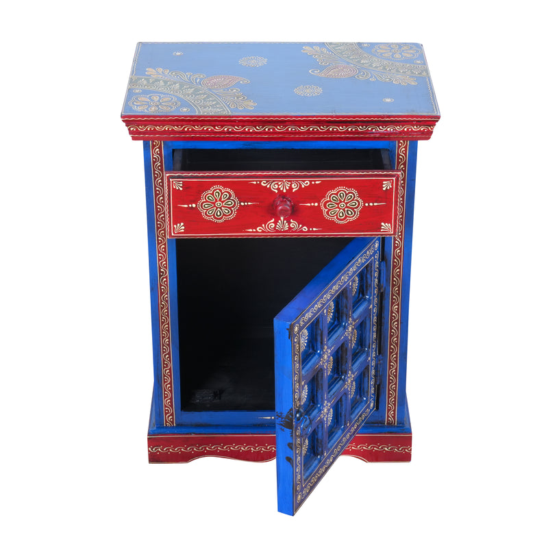 The Marwari Nightstand - Vibrant Hand-Painted Wooden Bedside Cabinet with Drawer