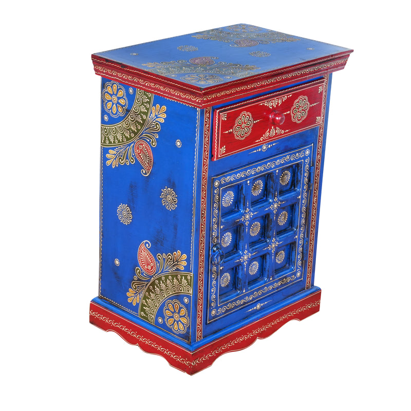 The Marwari Nightstand - Vibrant Hand-Painted Wooden Bedside Cabinet with Drawer