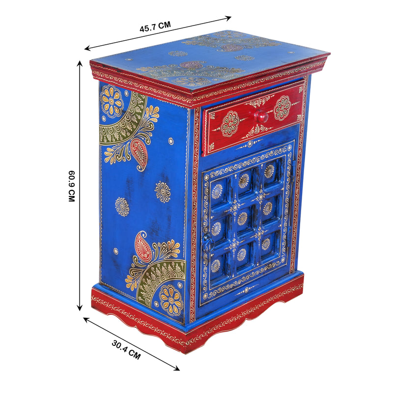The Marwari Nightstand - Vibrant Hand-Painted Wooden Bedside Cabinet with Drawer