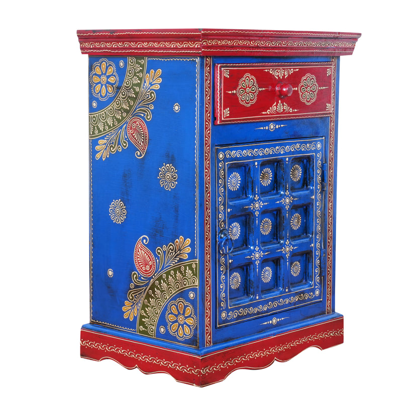 The Marwari Nightstand - Vibrant Hand-Painted Wooden Bedside Cabinet with Drawer