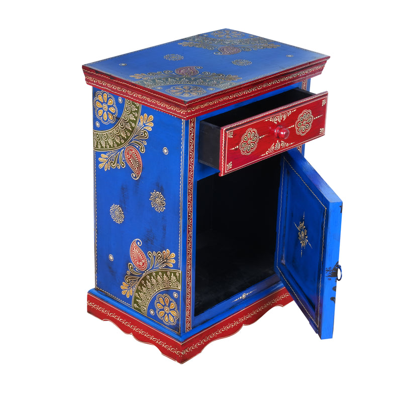 The Marwari Nightstand - Vibrant Hand-Painted Wooden Bedside Cabinet with Drawer