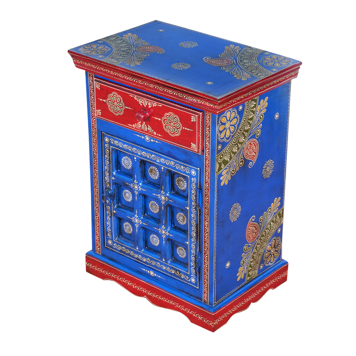 The Marwari Nightstand - Vibrant Hand-Painted Wooden Bedside Cabinet with Drawer