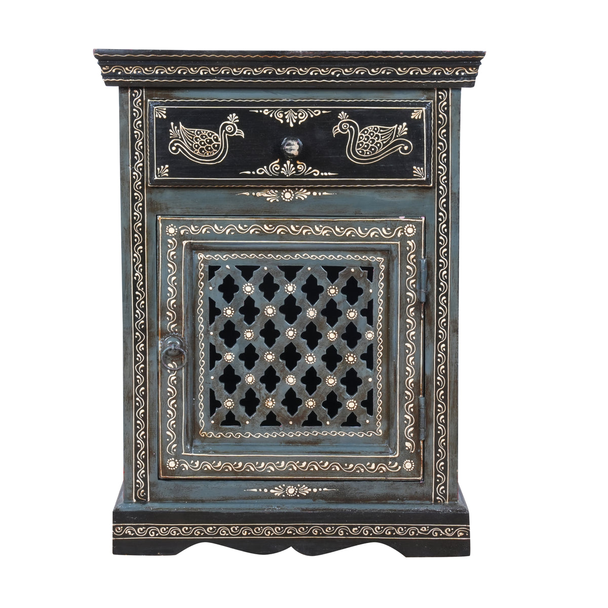 The Shekhawati Cabinet - Hand-Painted Wooden Bedside Cabinet with Jali Door
