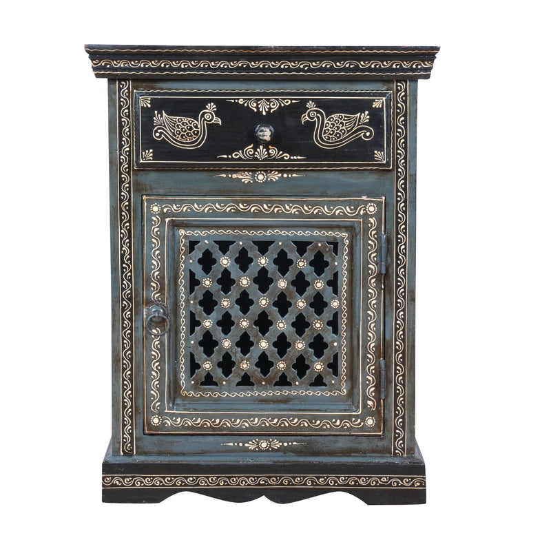 The Shekhawati Cabinet - Hand-Painted Wooden Bedside Cabinet with Jali Door
