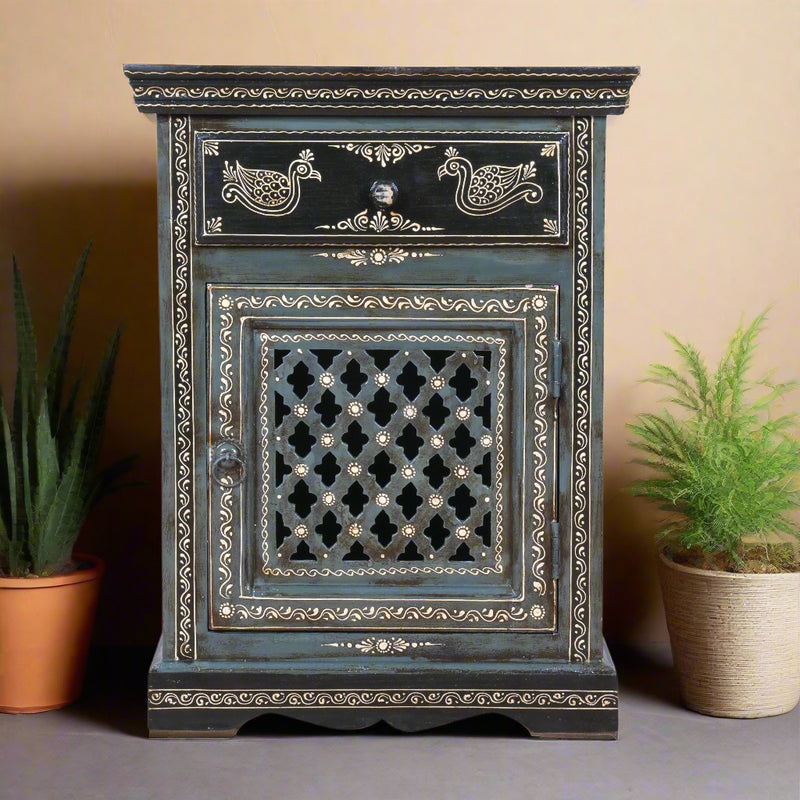 The Shekhawati Cabinet - Hand-Painted Wooden Bedside Cabinet with Jali Door