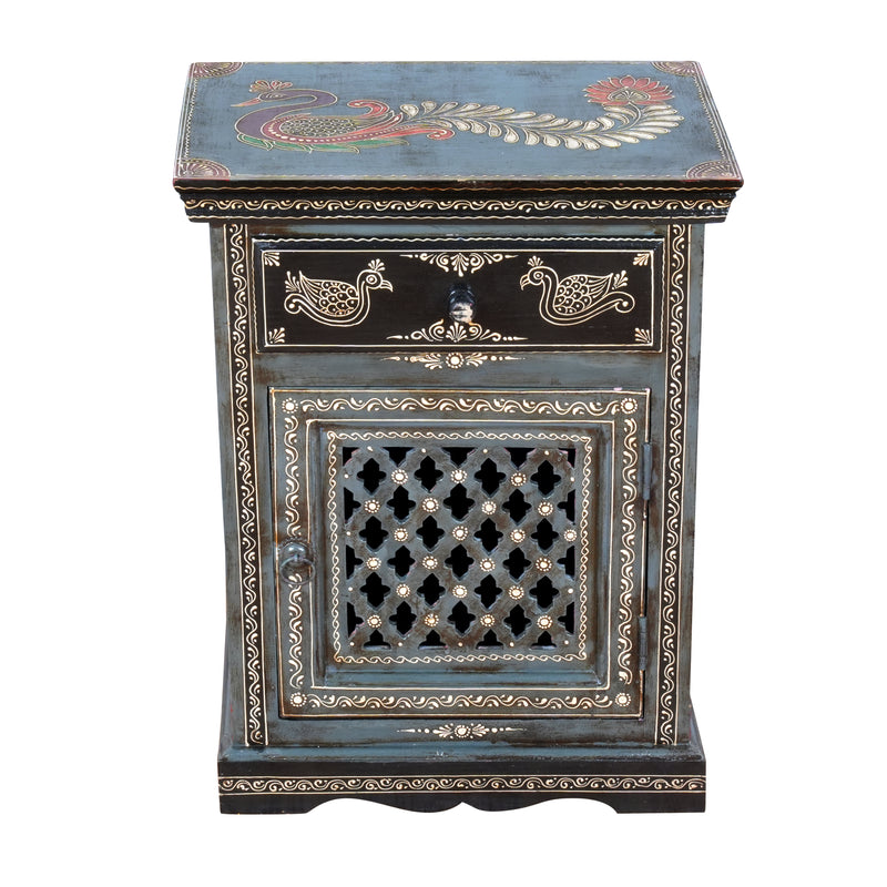 The Shekhawati Cabinet - Hand-Painted Wooden Bedside Cabinet with Jali Door