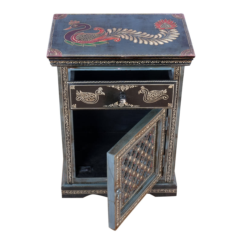 The Shekhawati Cabinet - Hand-Painted Wooden Bedside Cabinet with Jali Door