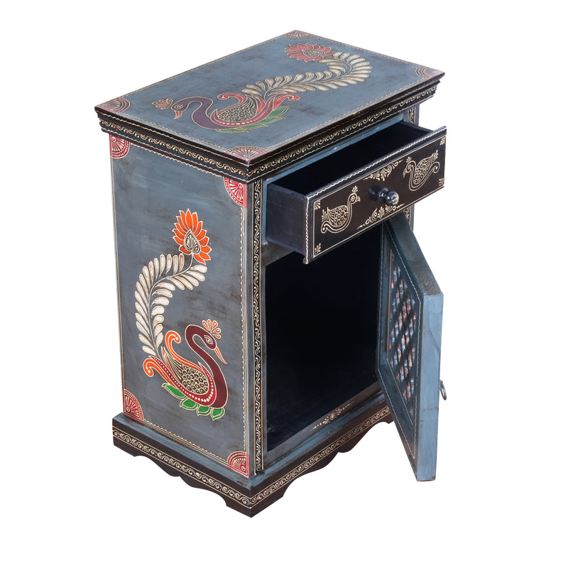 The Shekhawati Cabinet - Hand-Painted Wooden Bedside Cabinet with Jali Door