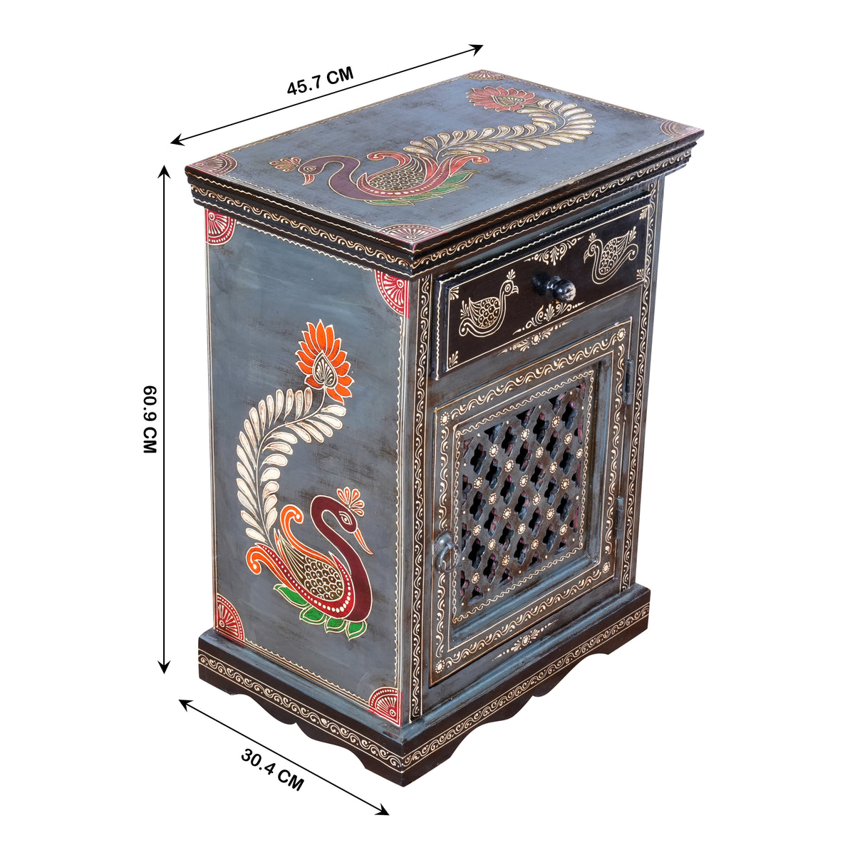The Shekhawati Cabinet - Hand-Painted Wooden Bedside Cabinet with Jali Door