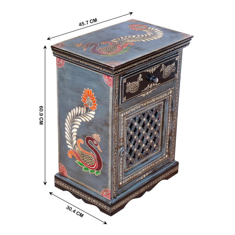 The Shekhawati Cabinet - Hand-Painted Wooden Bedside Cabinet with Jali Door