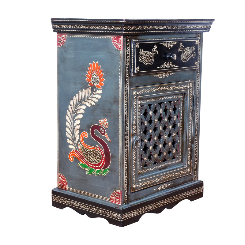 The Shekhawati Cabinet - Hand-Painted Wooden Bedside Cabinet with Jali Door