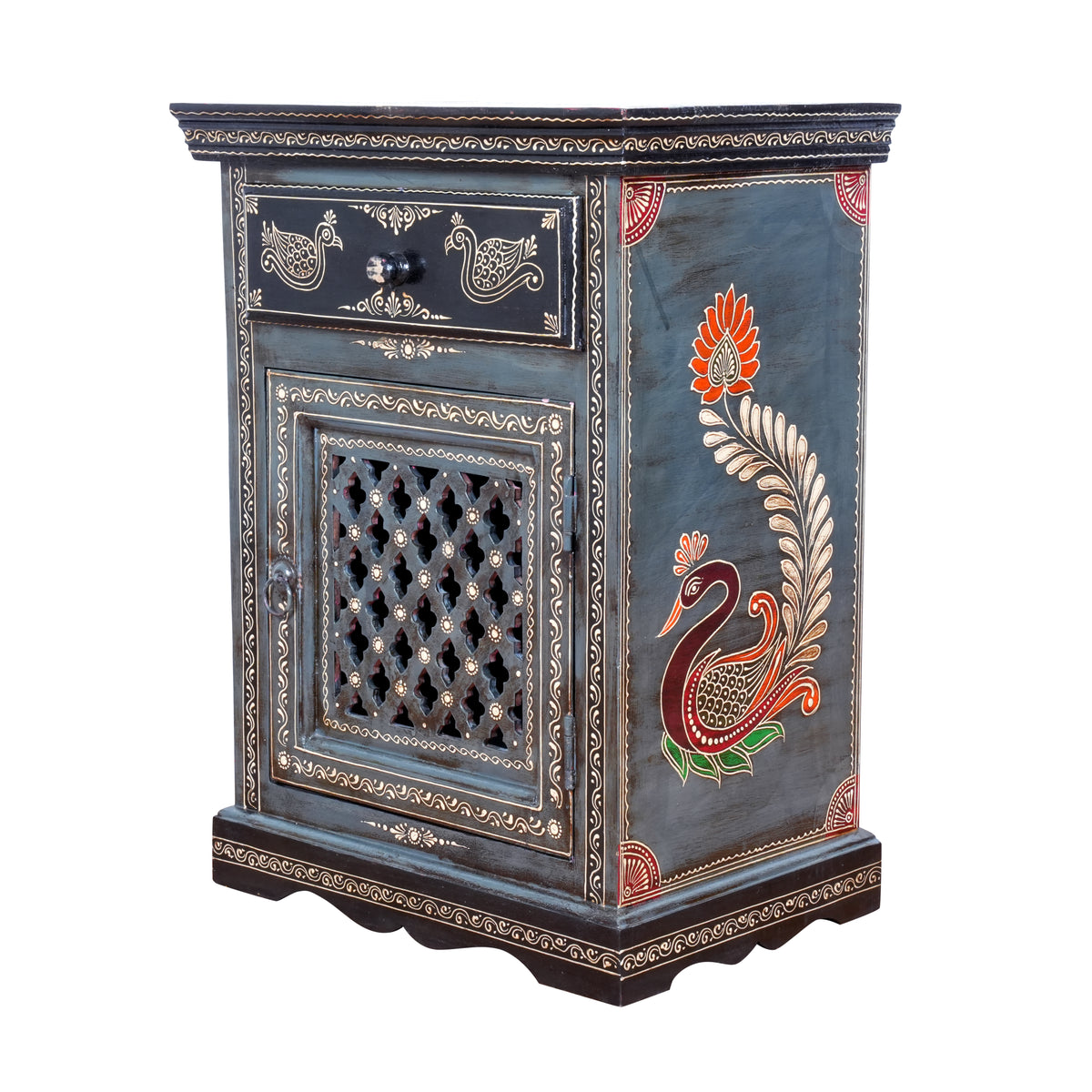 The Shekhawati Cabinet - Hand-Painted Wooden Bedside Cabinet with Jali Door