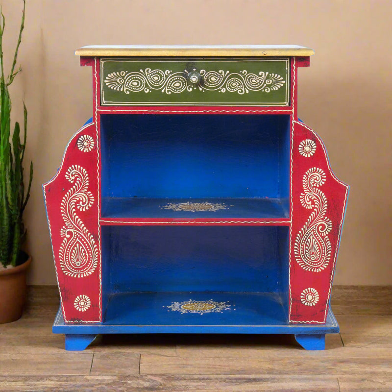The Jodhpur Scroll Shelf - Hand-Painted Wooden Bedside Table with Open Shelves & Drawer