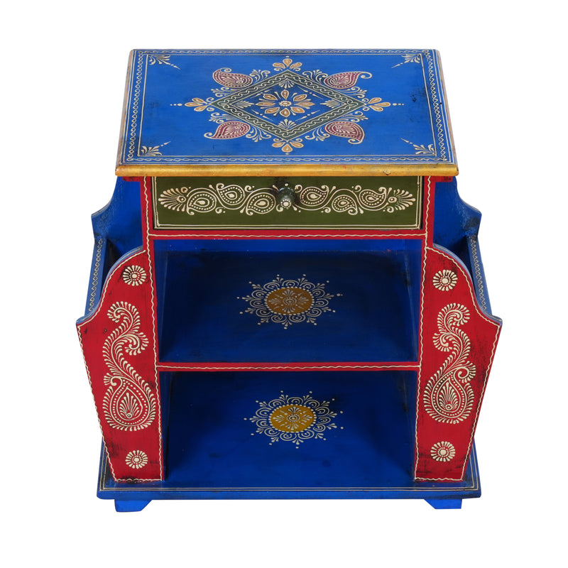 The Jodhpur Scroll Shelf - Hand-Painted Wooden Bedside Table with Open Shelves & Drawer
