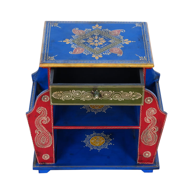 The Jodhpur Scroll Shelf - Hand-Painted Wooden Bedside Table with Open Shelves & Drawer
