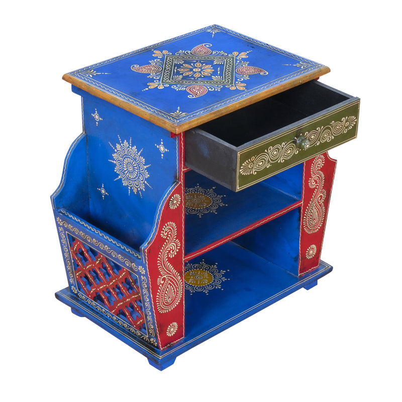 The Jodhpur Scroll Shelf - Hand-Painted Wooden Bedside Table with Open Shelves & Drawer