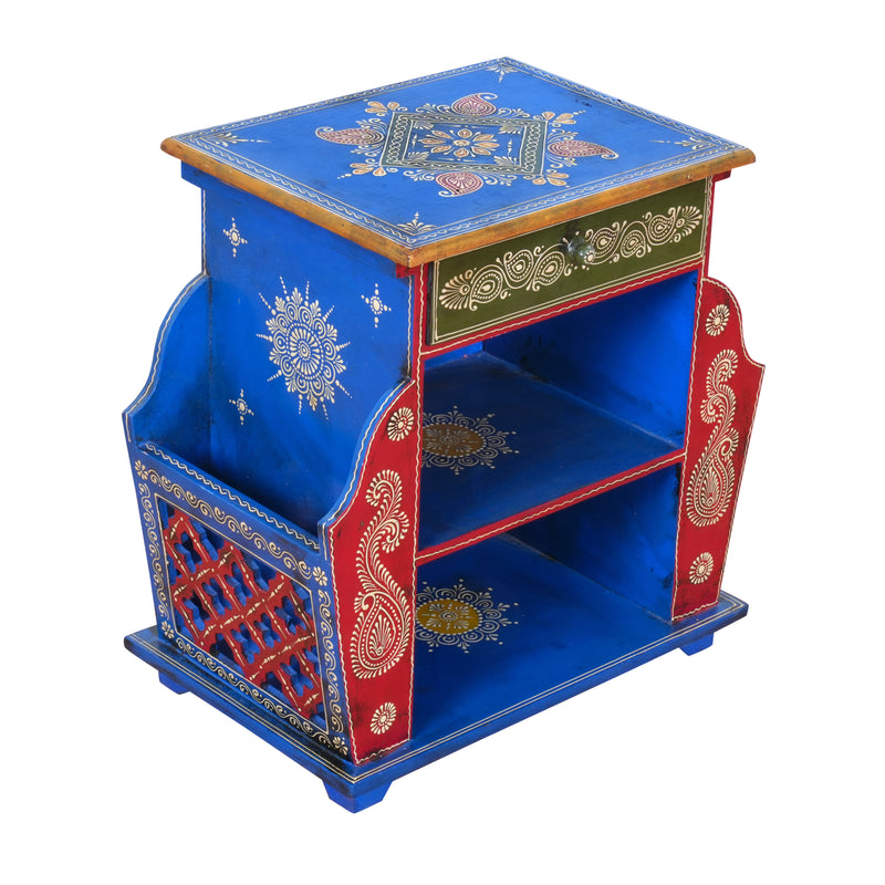 The Jodhpur Scroll Shelf - Hand-Painted Wooden Bedside Table with Open Shelves & Drawer