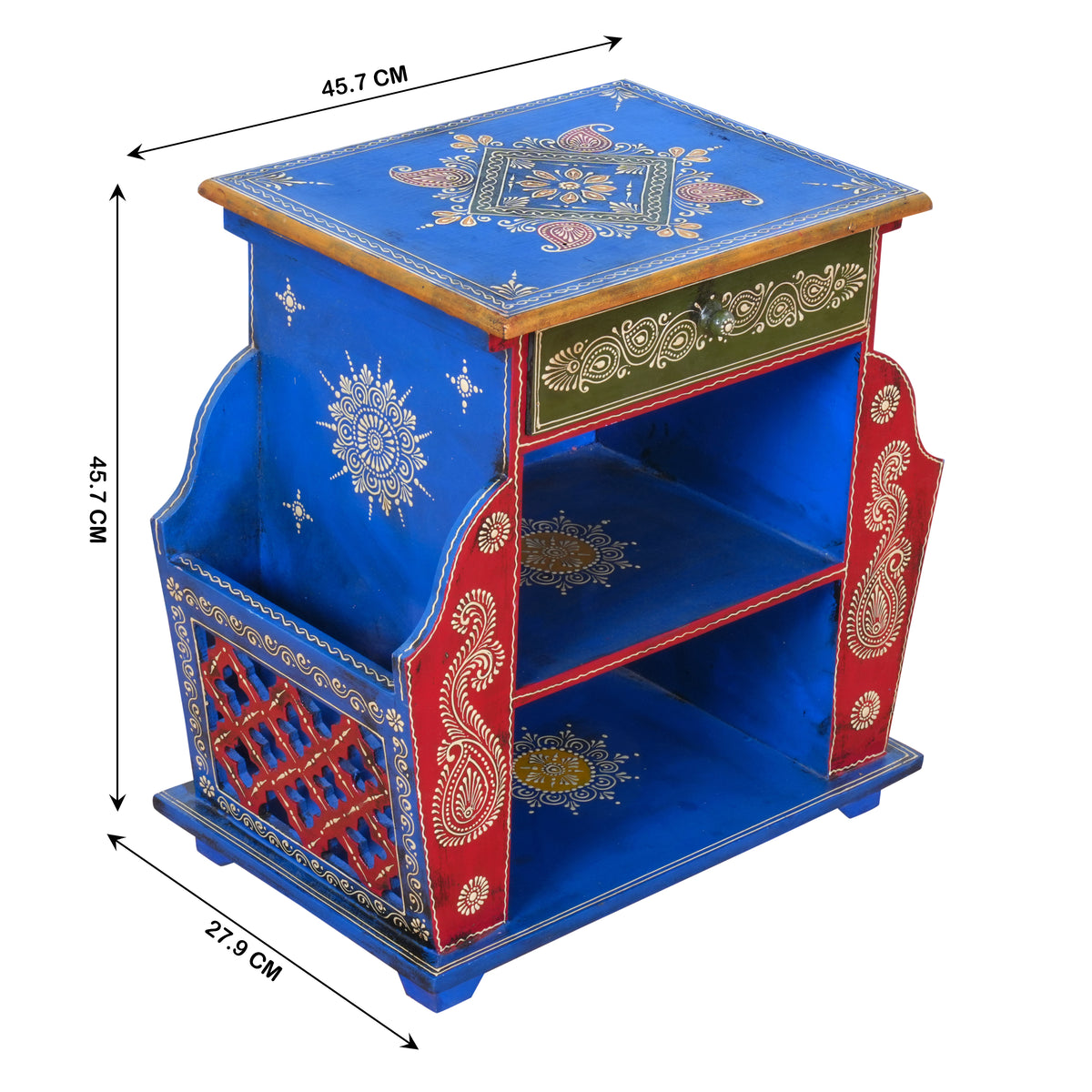 The Jodhpur Scroll Shelf - Hand-Painted Wooden Bedside Table with Open Shelves & Drawer