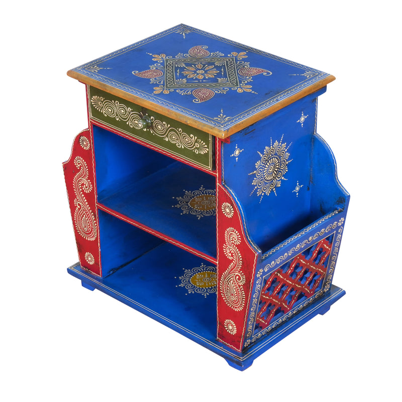 The Jodhpur Scroll Shelf - Hand-Painted Wooden Bedside Table with Open Shelves & Drawer