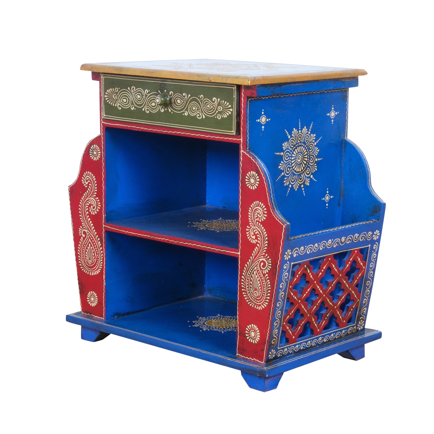 The Jodhpur Scroll Shelf - Hand-Painted Wooden Bedside Table with Open Shelves & Drawer