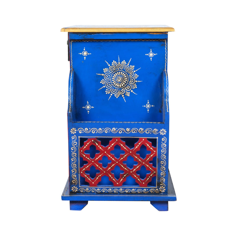 The Jodhpur Scroll Shelf - Hand-Painted Wooden Bedside Table with Open Shelves & Drawer