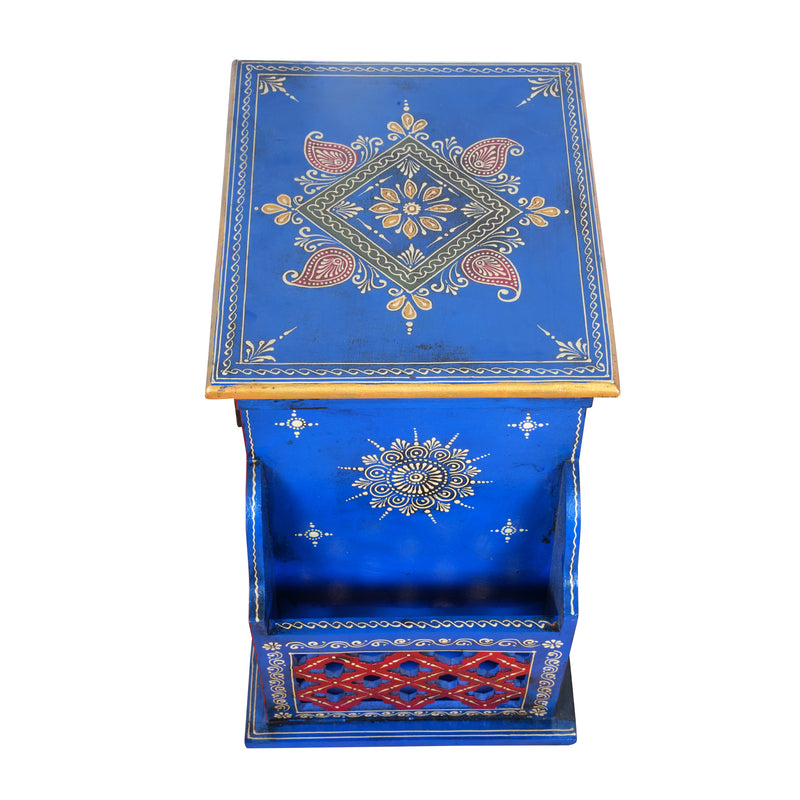 The Jodhpur Scroll Shelf - Hand-Painted Wooden Bedside Table with Open Shelves & Drawer