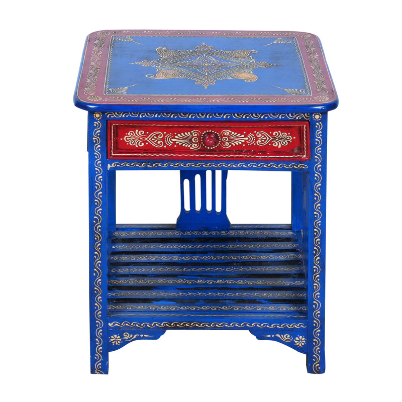 Indigo Blossom Bedside Table - Hand-Painted Wooden Bedside Table with One Drawer – Royal Blue & Red