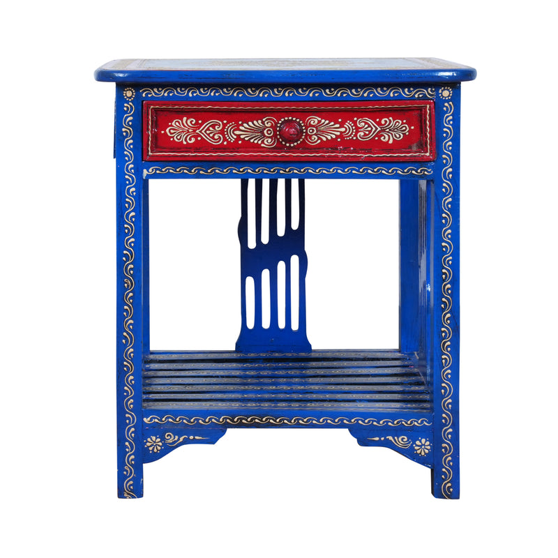 Indigo Blossom Bedside Table - Hand-Painted Wooden Bedside Table with One Drawer – Royal Blue & Red