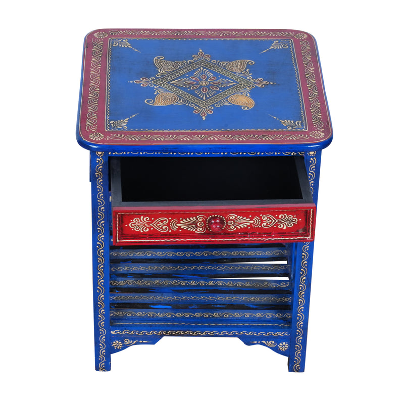 Indigo Blossom Bedside Table - Hand-Painted Wooden Bedside Table with One Drawer – Royal Blue & Red