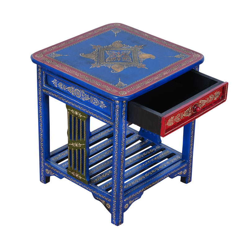 Indigo Blossom Bedside Table - Hand-Painted Wooden Bedside Table with One Drawer – Royal Blue & Red