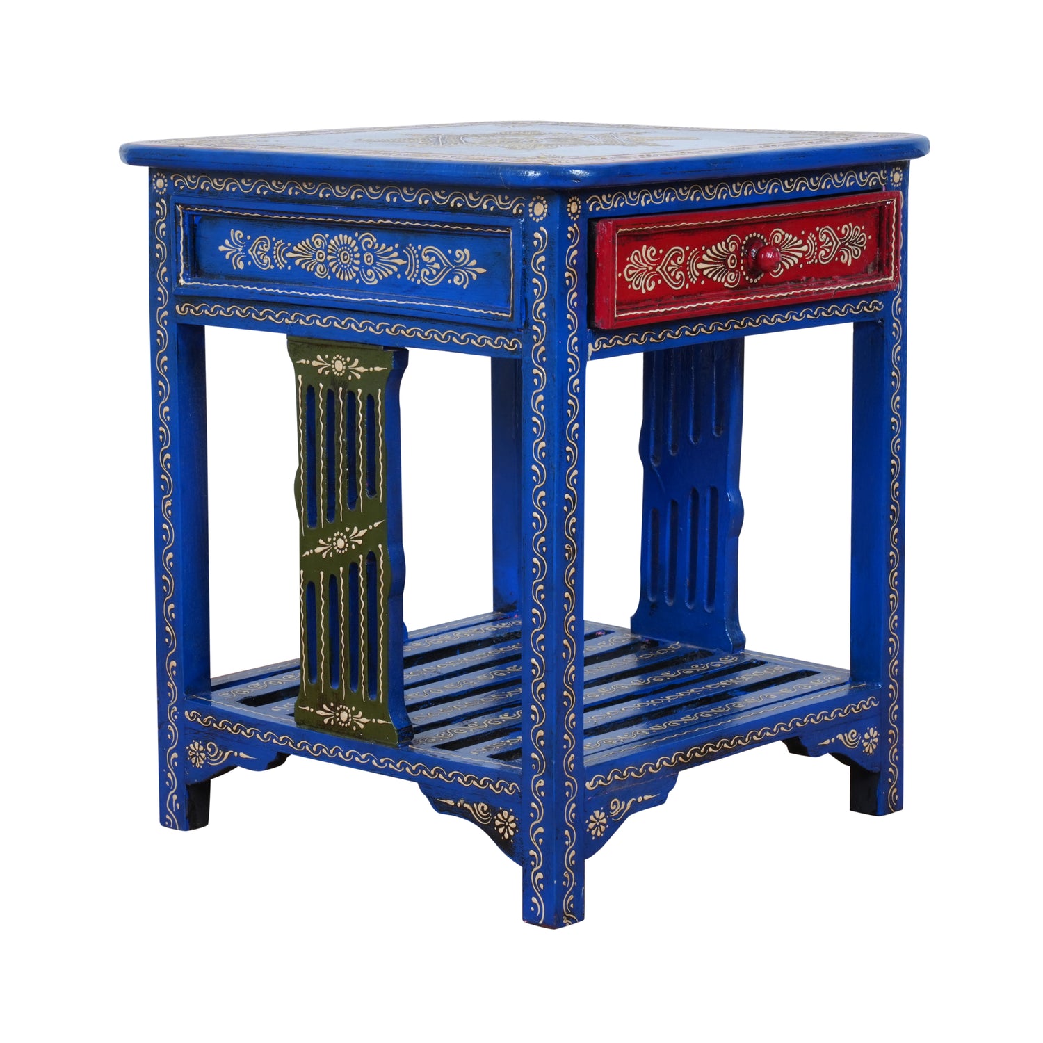 Indigo Blossom Bedside Table - Hand-Painted Wooden Bedside Table with One Drawer – Royal Blue & Red