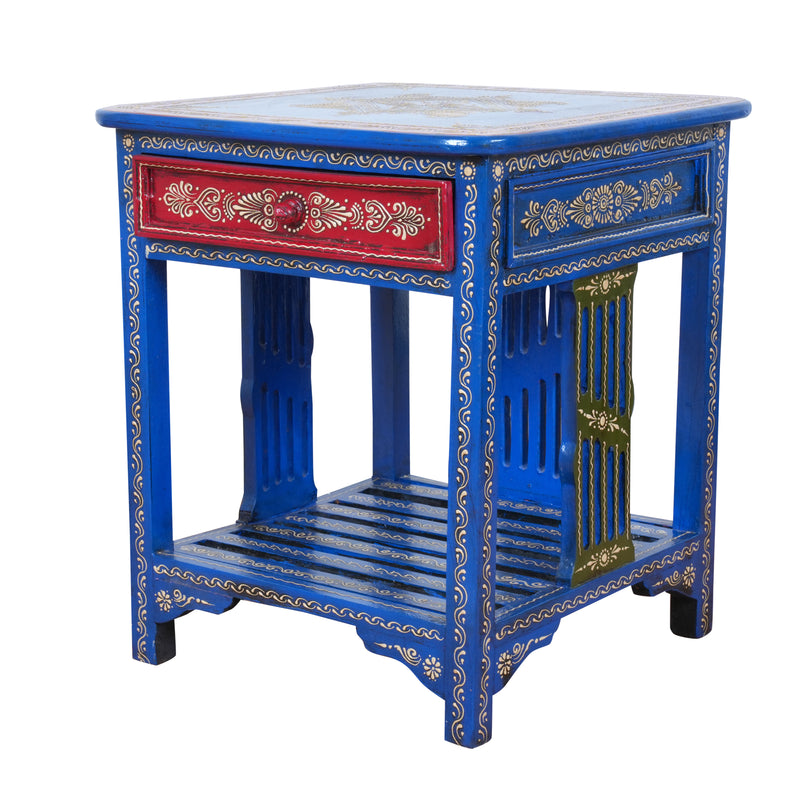 Indigo Blossom Bedside Table - Hand-Painted Wooden Bedside Table with One Drawer – Royal Blue & Red
